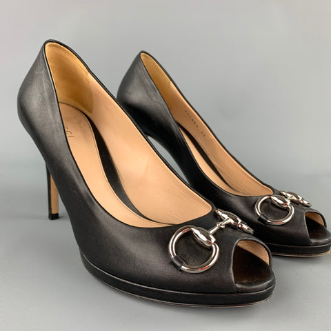 GUCCI Taille 9 Escarpins Peep Toe en cuir noir avec mors