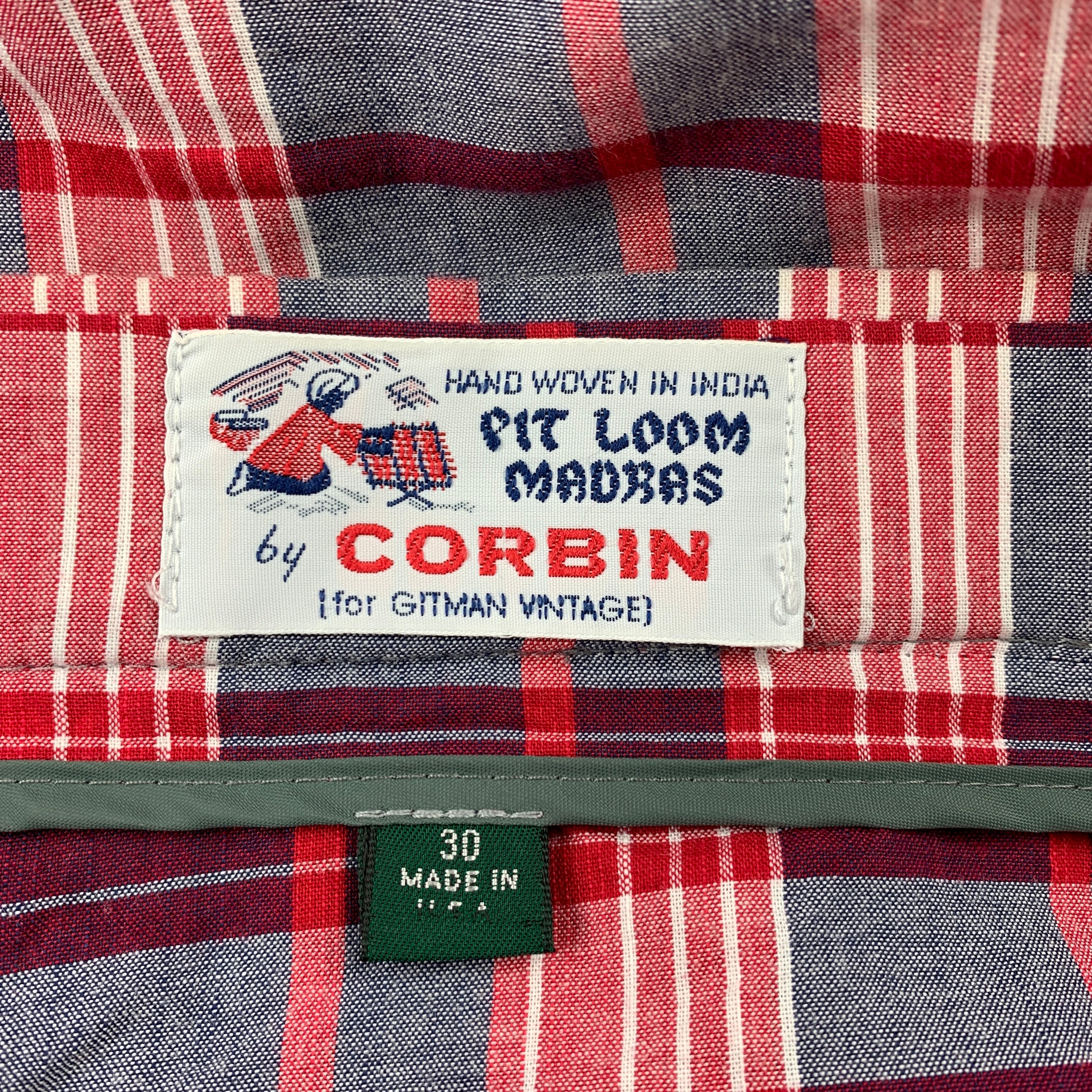 GITMAN VINTAGE Size 30 Red & Grey Plaid Cotton Zip Fly