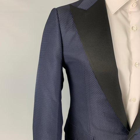 LANVIN Size 36 Navy Black Textured Silk Cotton Peak Lapel Sport Coat