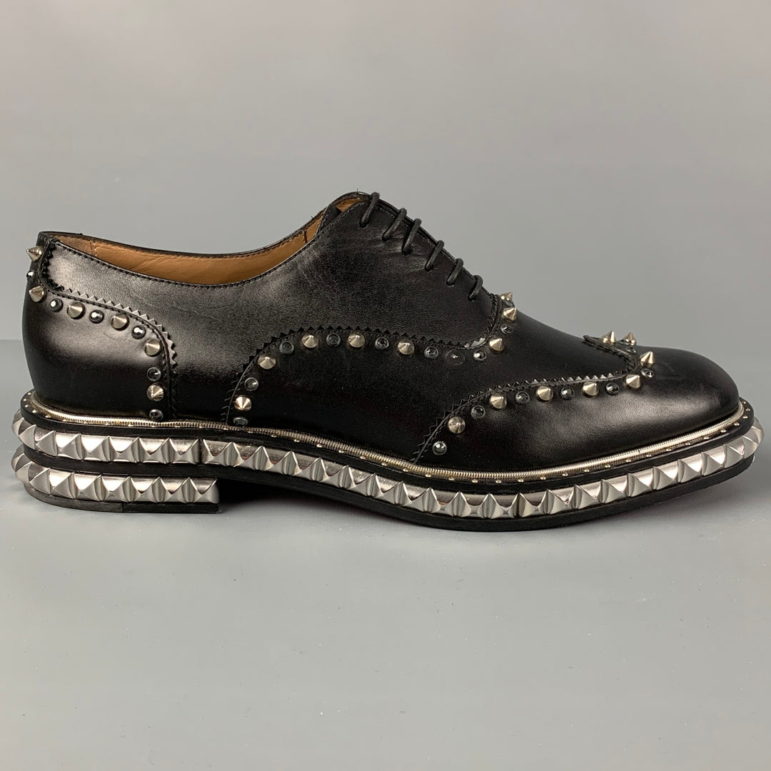 CHRISTIAN LOUBOUTIN Size 8 Black Studded Leather Wingtip Lace Up Shoes