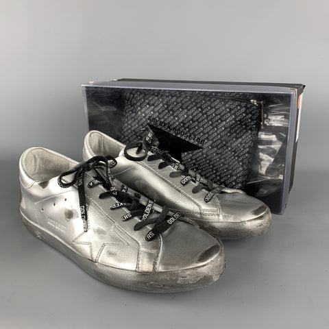 GOLDEN GOOSE SUPERSTAR RAY Size 10 Silver Metallic Leather Star Patch Lace Up Sneakers