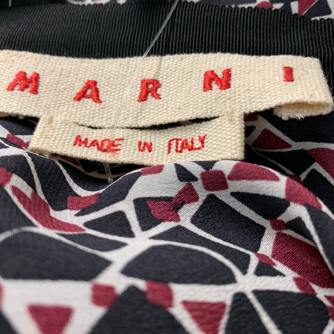 MARNI Size 2 Black Burgundy White Silk Abstract Long Sleeve Dress