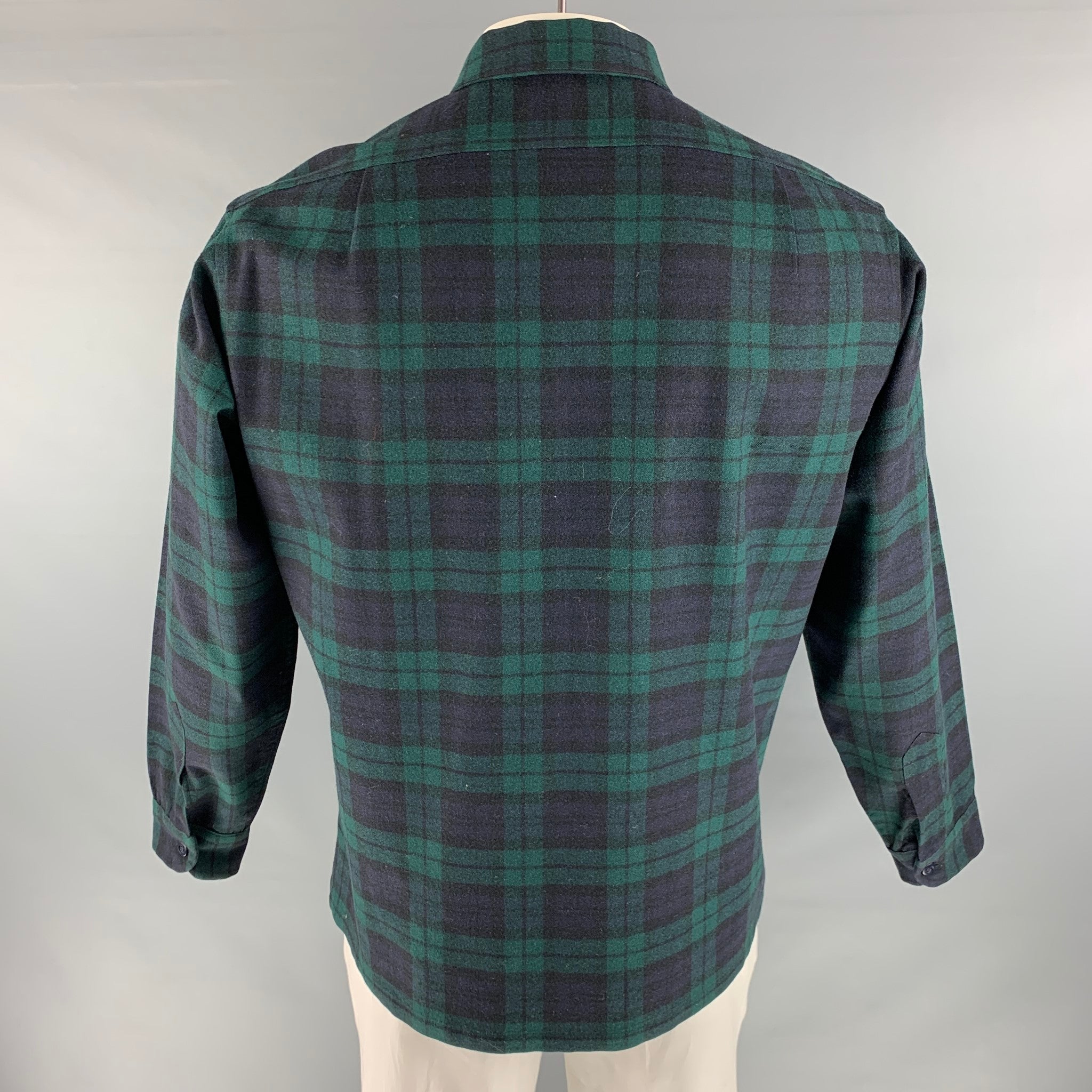 PENDLETON Size L Black Green Plaid Virgin Wool Long Sleeve Shirt