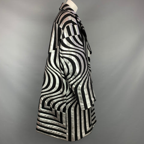 DRIES VAN NOTEN FW 14 Size S Black & Silver Stripe Wool Blend Oversized Double Breasted Coat