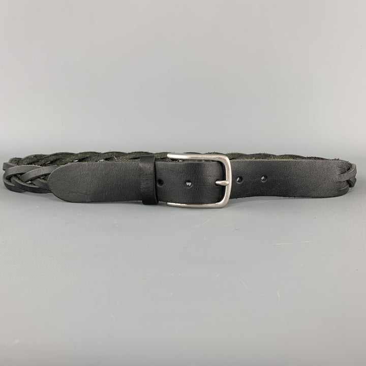 CAPUTO &amp; CO. Talla 38 Cinturón con hebilla en tono plateado de cuero negro trenzado