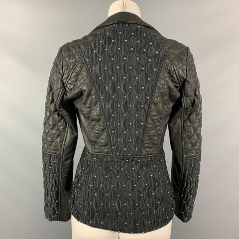 JUST CAVALLI Size 4 Black Studded Acetate / Viscose Quilted Notch Lapel Jacket