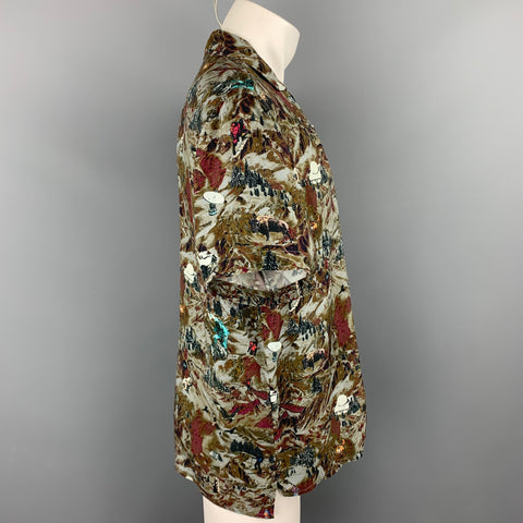 LANVIN Size L Grey & Brown Print Viscose Camp Short Sleeve Shirt