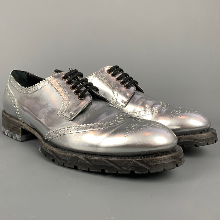 DOLCE & GABBANA Size 11 Silver Metallic Leather Wingtip Lace Up Shoes
