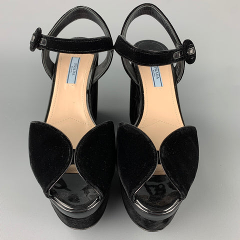 PRADA Size 10 Black Velvet Patent Leather Peep Toe Platform Sandals