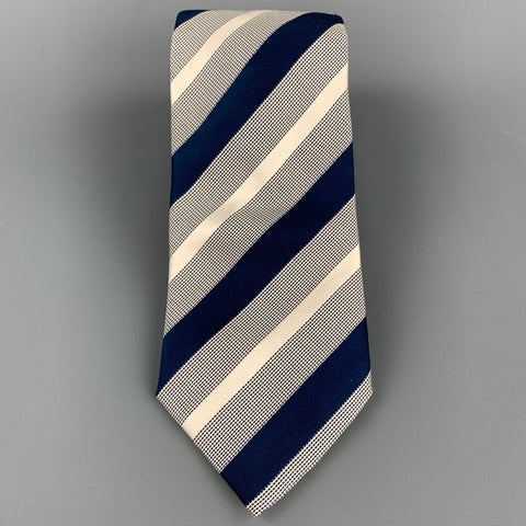 ERMENEGILDO ZEGNA Navy & White Diagonal Stripe Silk / Cotton Tie