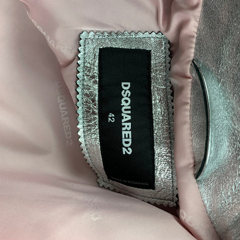 DSQUARED2 Size 6 Silver Leather Black Trim Biker Jacket