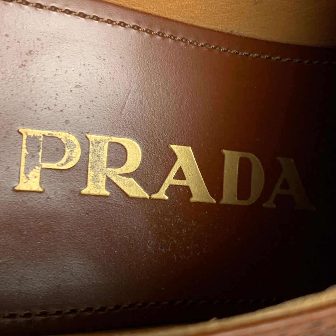 PRADA Size 6.5 Tan Leather Perforated Wingtip Shoes