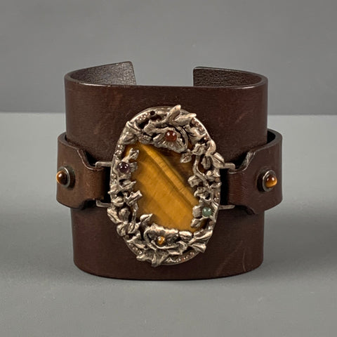 Vintage VALENTINO Brown Silver Leather Metal Bracelet
