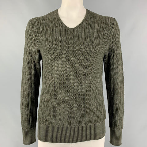 JOHN VARVATOS Size L Dark green Knitted Cotton &  Silk V-Neck Sweater