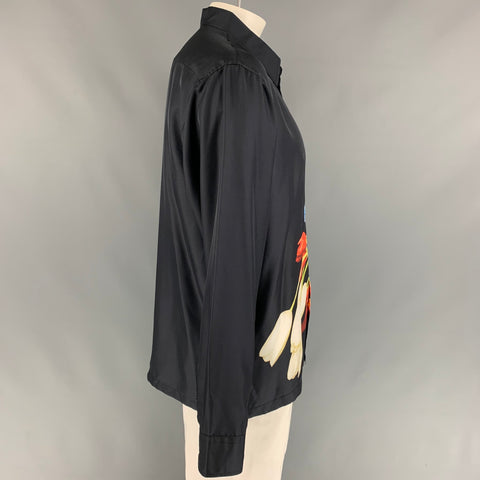 AWAKE Taille XL Chemise à manches longues boutonnée en soie imprimée noire