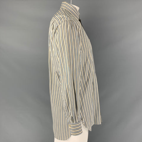 KITON Size L Cream, Black &  Blue Stripe Cotton Button Down Long Sleeve Shirt