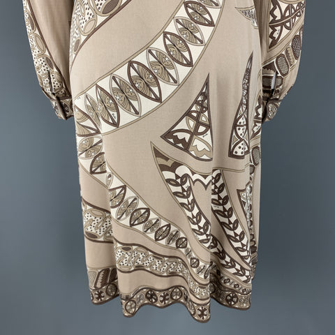 EMILIO PUCCI Vintage Size 8 Taupe Print Silk Long Sleeve Shift Dress
