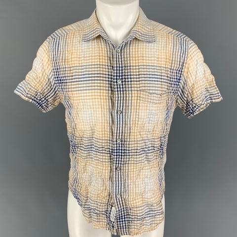 RAG & BONE Size L Navy Beige Checkered Cotton Short Sleeve Shirt