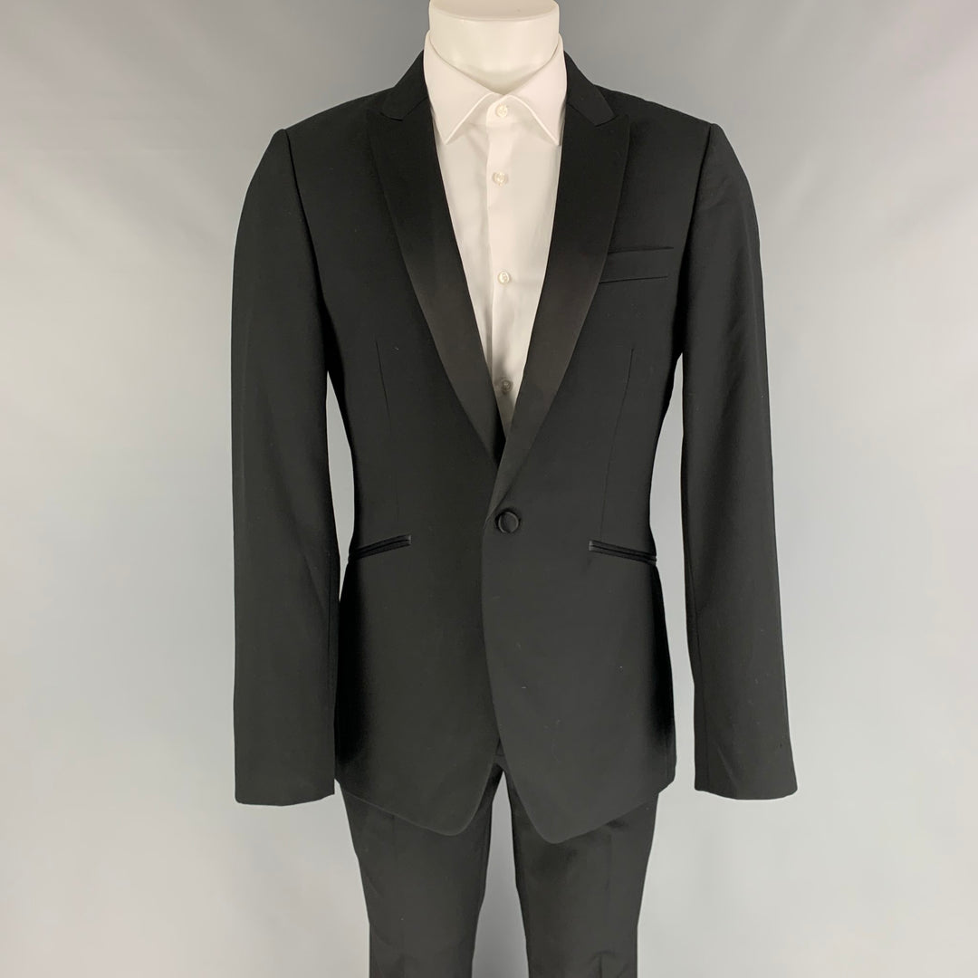 TOPMAN Size 40 Black Polyester / Viscose Peak Lapel Tuxedo Suit