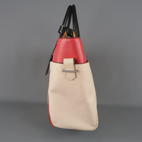 REED KRAKOFF Red Black & Light Pink Leather Tote Handbag