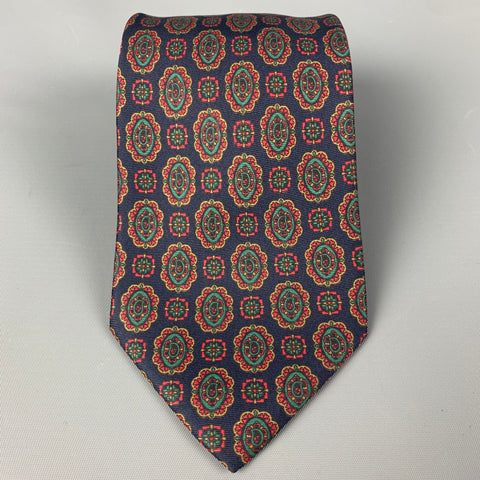 NEIMAN MARCUS Navy Multi-color Abstract Floral Silk Tie