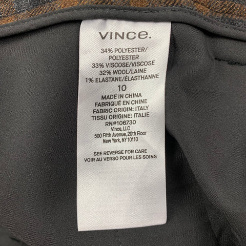 VINCE Talla 10 Pantalones de vestir con cinturón de mezcla de poliéster a cuadros gris marrón