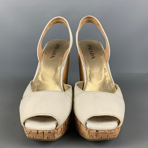 PRADA Size 6 Cream Beige Bamboo Leather Slingback Sandals