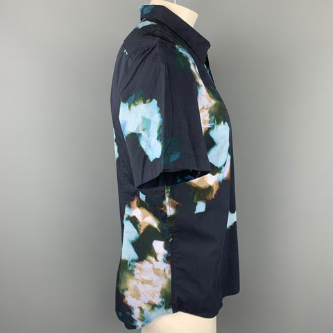 PS by PAUL SMITH Size XL Black & Blue Print Cotton Button Up Short Sleeve Shirt
