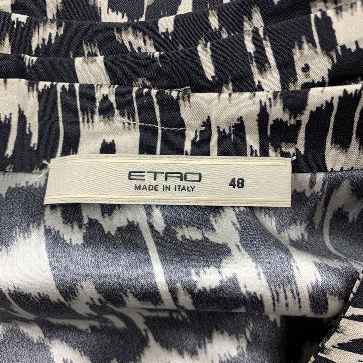 ETRO Size 12 Black & White Ikat Silk Ruffled Sleeveless Blouse