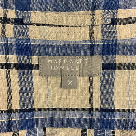 MARGARET HOWELL Size XL Grey & Blue Plaid Linen Button Up Long Sleeve Shirt