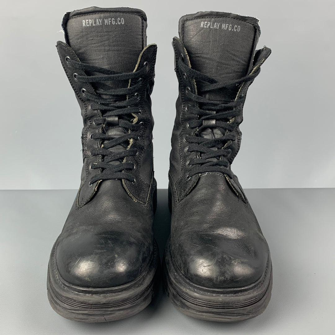 REPLAY Size 10 Black Leather Combat Ankle Boots