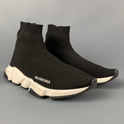 BALENCIAGA Size 10 Black White Logo Pull On Speed Sneakers