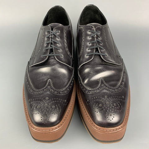 PRADA Size 8.5 Black & Brown Perforated Leather Platform Lace Up Shoes