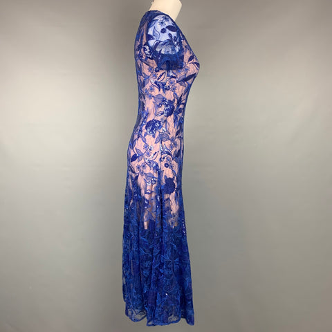 COSTARELLOS Size 4 Blue & Nude Sequin Embroidered Polyester / Nylon Cocktail Dress