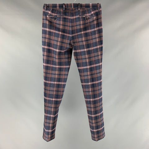 ETRO Size 30 Navy Plaid Cotton Flat Dress Pants