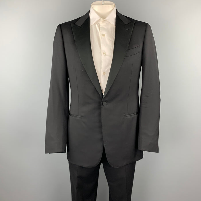 ERMENEGILDO ZEGNA Size 42 Long Black Wool Peak Lapel Tuxedo