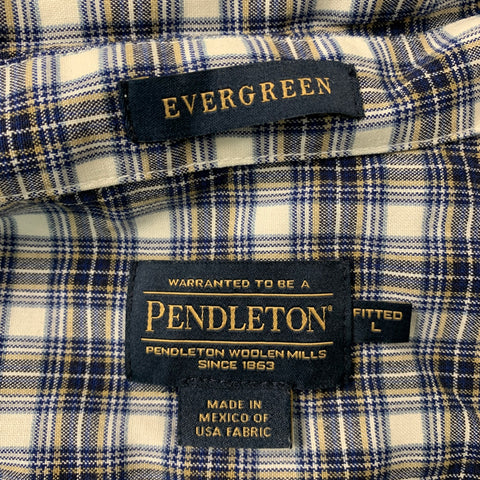 PENDLETON Size L Navy &  White Plaid Virgin Wool and Lycra Long Sleeve Shirt