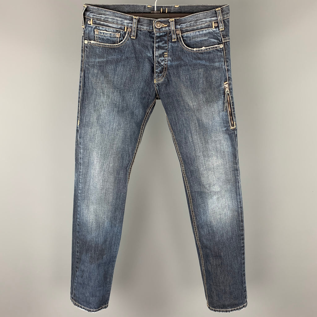 NEIL BARRETT Size 30 Indigo Distressed Denim Button Fly Jeans – Sui Generis  Designer Consignment