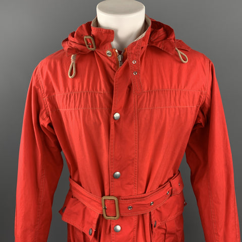 NIGEL CABOURN Size 42 Red Waxed Cotton Zip & Snaps Belted Hooded Jacket