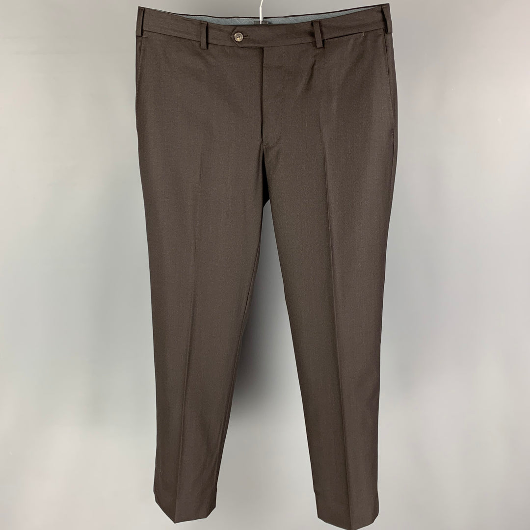J. HILBURN Talla 34 Pantalón de vestir con parte delantera plana de lana marrón