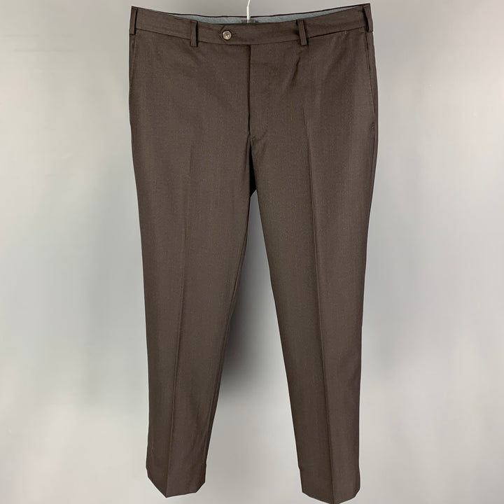 J. HILBURN Talla 34 Pantalón de vestir con parte delantera plana de lana marrón