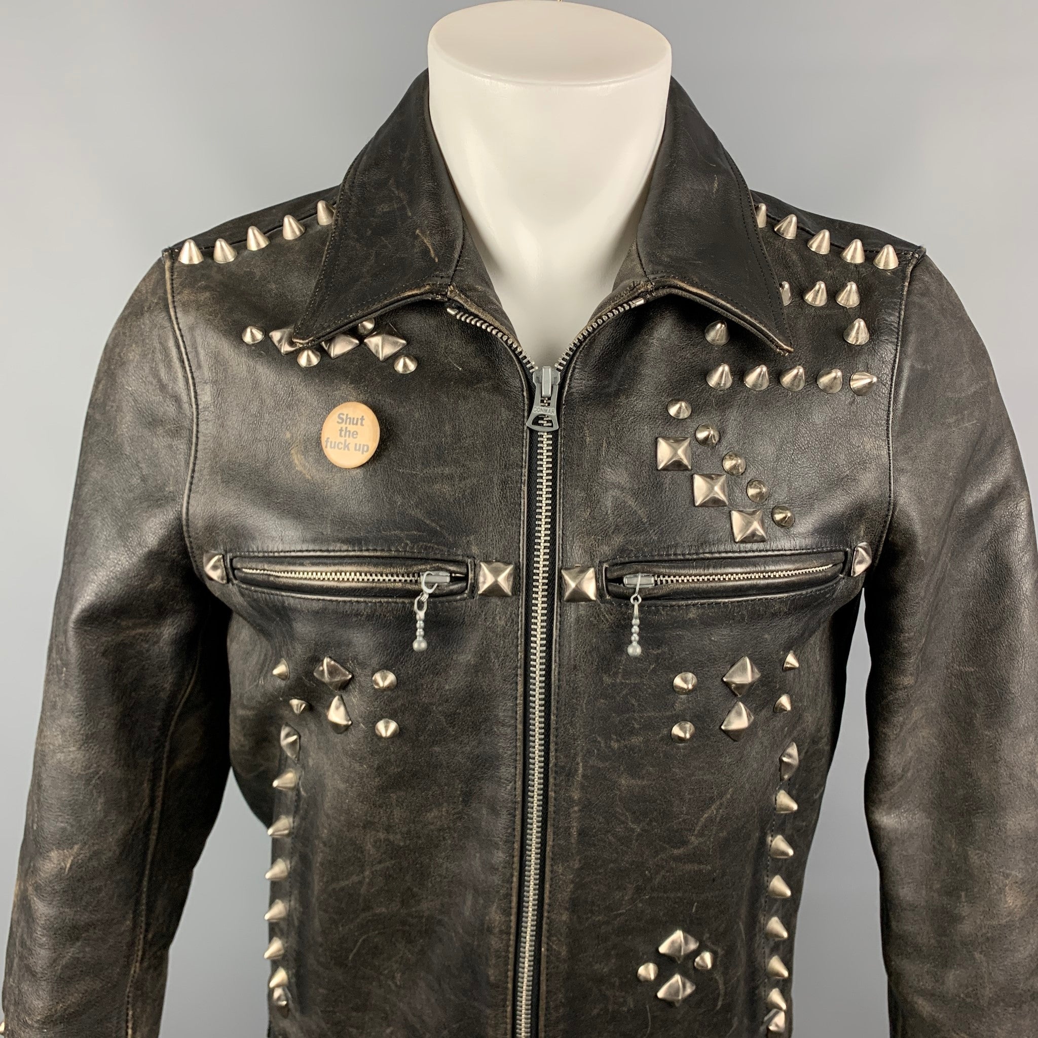 R13 Size M Black Distressed Studded Leather Zip Up Shut The R13 Size M Black Distressed Studded Leather Zip Up Shut The