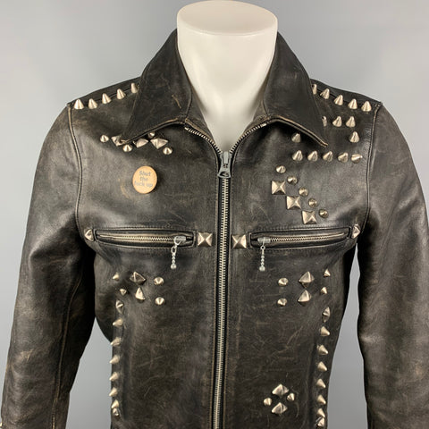 R13 Size M Black Distressed Studded Leather Zip Up Shut The Fuck Up Jacket