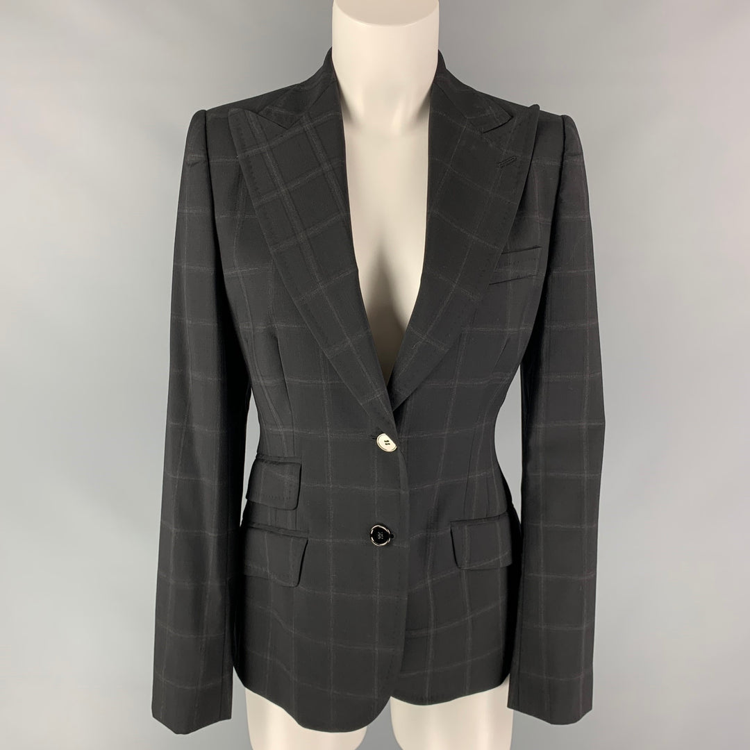 DOLCE & GABBANA Size 6 Black & Charcoal Windowpane Wool Jacket Blazer