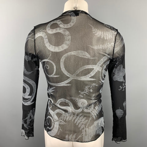 JUST CAVALLI Size S Black & White Print Polyamide Crew-Neck Pullover