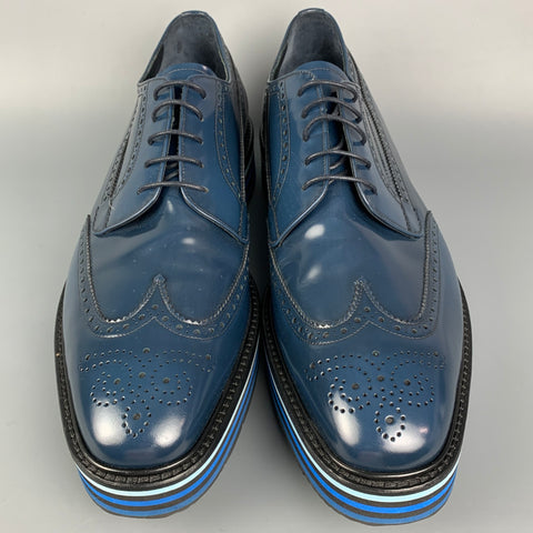 PRADA Size 13 Navy & Blue Perforated Leather Platform Lace Up Shoes