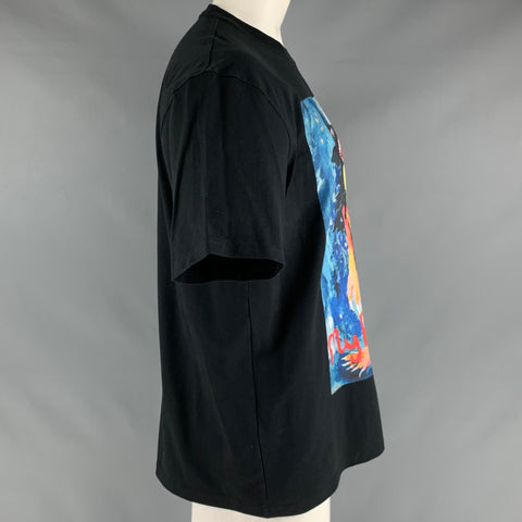 ENDLESS JOY Talla XL Camiseta negra de algodón con cuello redondo y estampado multicolor