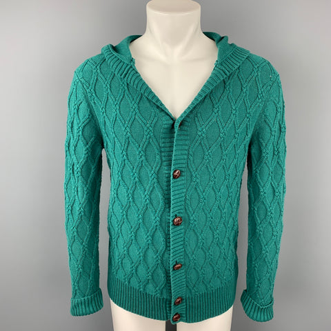 MR TURK Size M Green Knitted Cotton Hooded Cardigan