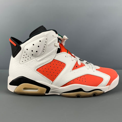 NIKE Air Jordan 6 Retro Talla 10.5 Zapatillas altas de cuero con bloques de color blanco y naranja