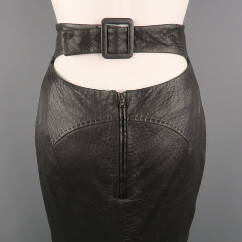 GIANFRANCO FERRE Size 4 Black Textured Leather Belted Cutout Back Pencil Skirt